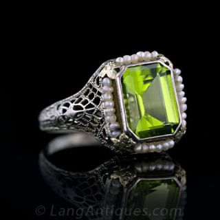 Vintage Peridot and Seed Pearl Filigree Ring