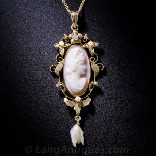 Vintage Pink Shell Cameo, Pearl and Diamond Pendant