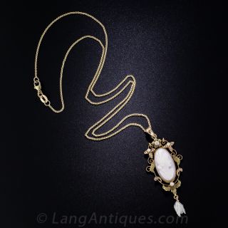 Vintage Pink Shell Cameo, Pearl and Diamond Pendant