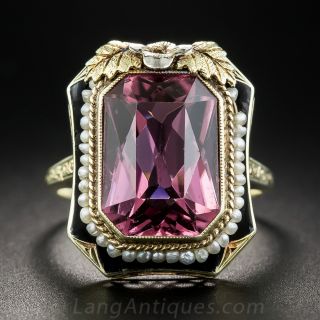 Vintage Pink Tourmaline Seed Pearl and Enamel Ring