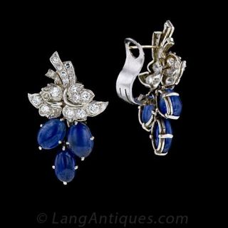 Vintage Platinum, Diamond and Cabochon Sapphire Earrings