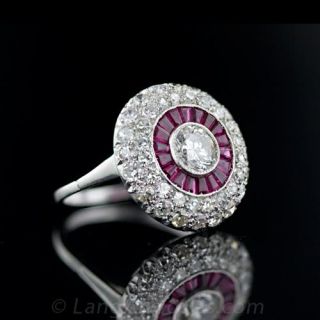 Vintage  Platinum Diamond and Ruby Target Style Ring