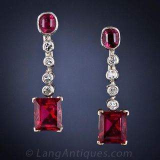 Vintage Red Spinel Drop Earrings in Platinum