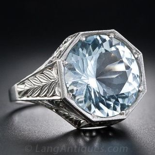 Vintage Round Aquamarine and Platinum Ring