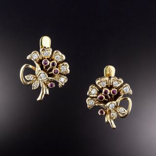 Vintage Ruby and Diamond Flower Bouquet Earrings - 1
