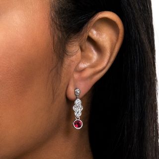 Vintage Ruby and Diamond Platinum Drop Earrings 