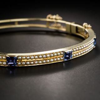 Vintage Sapphire and Seed Pearl Bangle Bracelet - 1