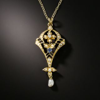 Vintage Sapphire, Diamond and Seed Pearl Pendant - 2