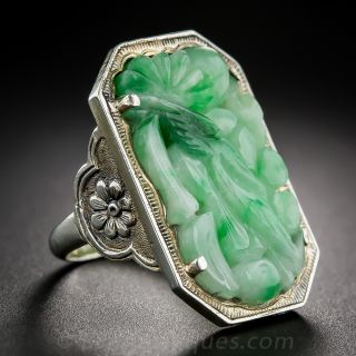 Vintage Silver and Carved Jade Ring