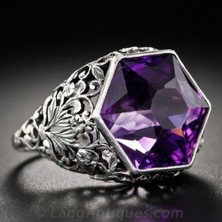 Vintage Silver and Hexagonal Amethyst Ring