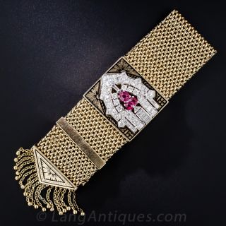 Vintage  Slide Bracelet with Art Deco Diamond and Ruby Applique'