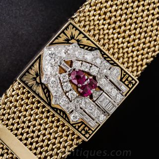 Vintage  Slide Bracelet with Art Deco Diamond and Ruby Applique'