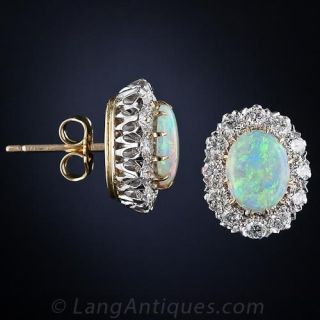 Vintage Style 18k Opal and Diamond Cluster Earrings