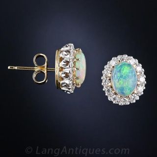 Vintage Style 18k Opal and Diamond Cluster Earrings