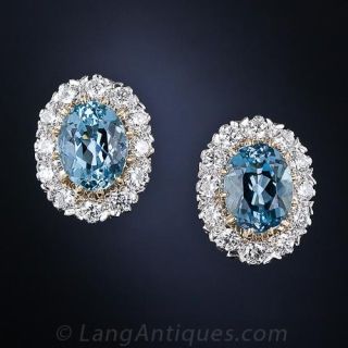 Vintage Style Aquamarine and Diamond Cluster Earrings