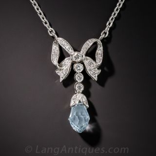 Vintage Style Aquamarine, Platinum and Diamond Pendant