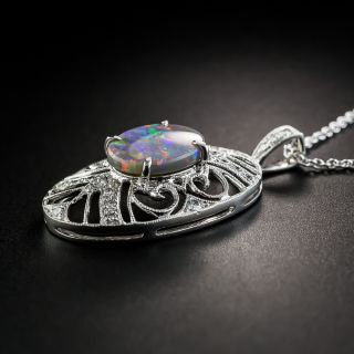 Vintage Style Black Opal Diamond Platinum Pendant