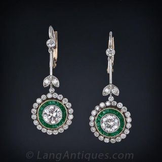 Vintage Style  Diamond and Emerald  Drop Earrings