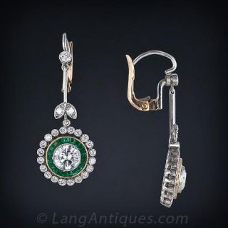 Vintage Style  Diamond and Emerald  Drop Earrings