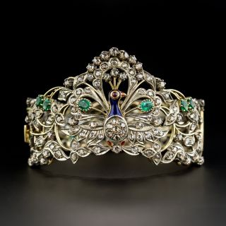 Vintage Style Diamond and Emerald Peacock Bangle - 1