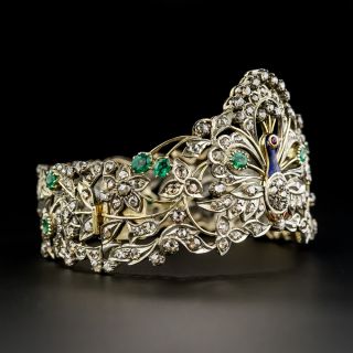 Vintage Style Diamond and Emerald Peacock Bangle
