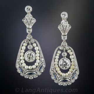 Vintage Style Diamond, Pearl and Sapphire Drop Earrings