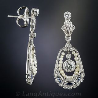 Vintage Style Diamond, Pearl and Sapphire Drop Earrings
