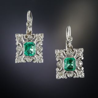 Vintage Style Emerald Platinum Diamond Earrings - 2