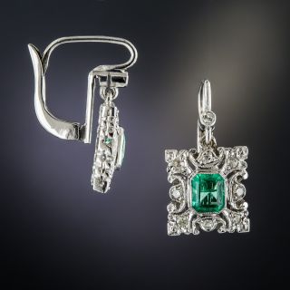 Vintage Style Emerald 14 Karat White Gold Diamond Earrings
