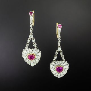 Vintage-Style Heart-Shaped Ruby and Diamond Dangle Earrings - 2