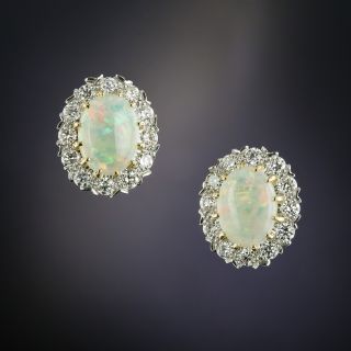 Vintage Style Opal Cabochon and Diamond Cluster Earrings - 2
