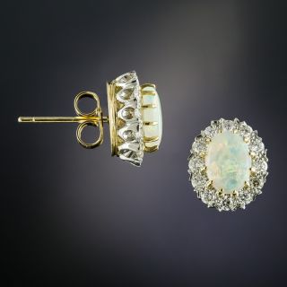 Vintage Style Opal Cabochon and Diamond Cluster Earrings