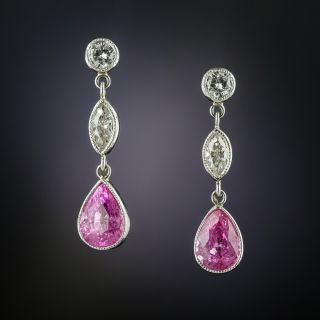 Vintage Style Pink Sapphire and Diamond Drop Earrings - 2