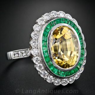 Vintage Style Yellow Sapphire, Emerald and Diamond Ring