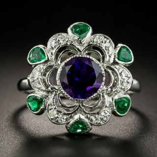 Vintage Suffragette Inspired Amethyst, Emerald and Diamond Ring - 1