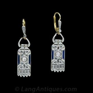 Vintage Syle Synthetic Sapphire and Diamond Earrings