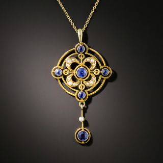 Vintage Synthetic Sapphire and Seed Pearl Pendant  - 2