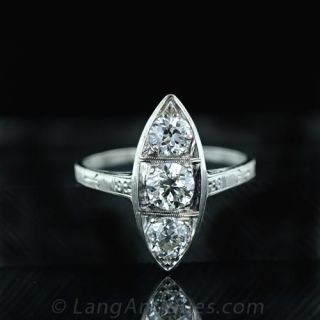 Vintage Three Stone Marquise Shaped Diamond Ring Main View