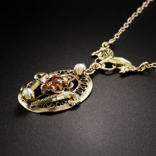 Vintage Tri-Color Gold Garnet Pearl Pendant Necklace