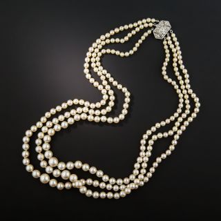 Vintage Triple-Strand Cultured Pearl and Diamond Necklace 