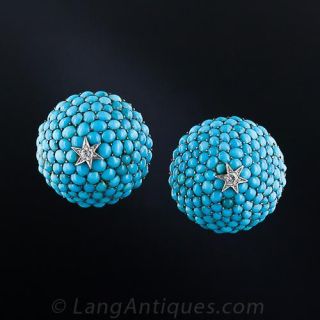 Vintage Turquoise and Diamond Ear Clips 