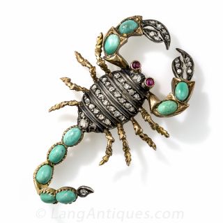 Vintage Turquoise and Diamond Scorpion Brooch  - 2