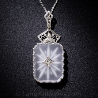 Vintage White Gold Camphor Glass and Diamond Pendant