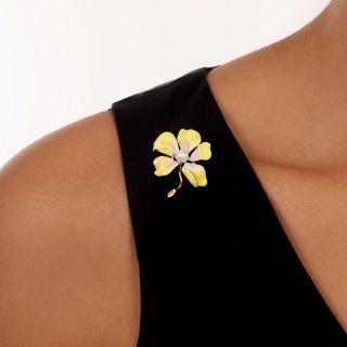 Vintage Yellow Enamel And Pearl Flower Pin By Larter