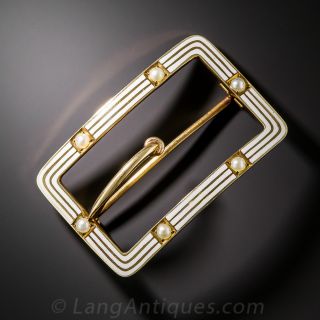 White Enamel and Pearl Buckle Brooch by Riker