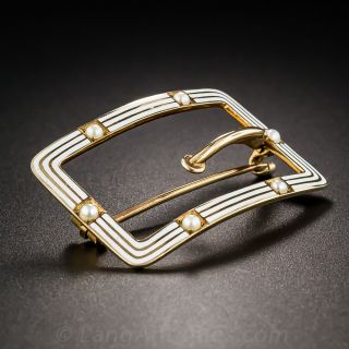 White Enamel and Pearl Buckle Brooch by Riker
