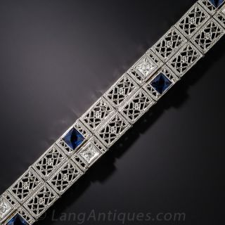 White Gold Art Deco Diamond and Synthetic Sapphire Filigree Bracelet