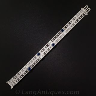 White Gold Art Deco Diamond and Synthetic Sapphire Filigree Bracelet