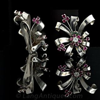 White Gold Ruby and Diamond Retro Earrclips