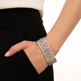 Wide Art Deco Style Platinum Diamond Bracelet